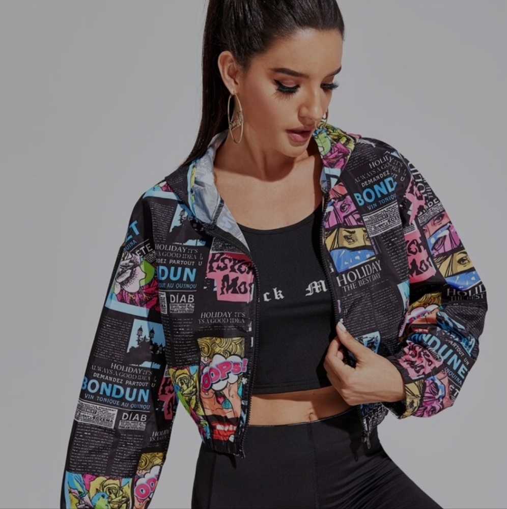 SHEIN Pop Art Print Zip Up Reflective Hooded Windbreaker Jacket